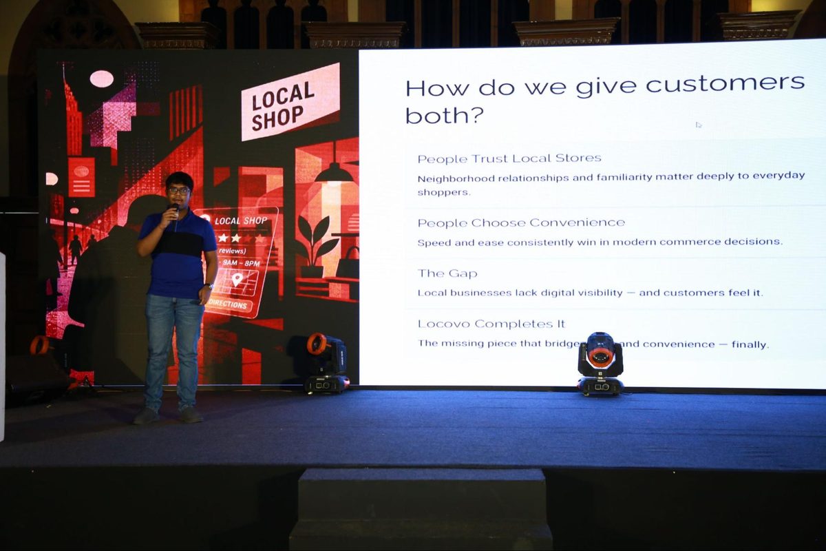 A Locovo presenter on stage beside a slide reading How do we give customers both?
